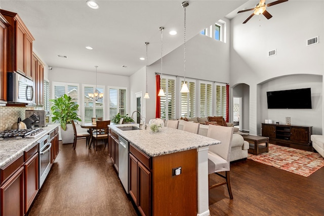 kitchen featuring a sink, visible vents, dark wood-type flooring, and appliances with stainless steel finishes