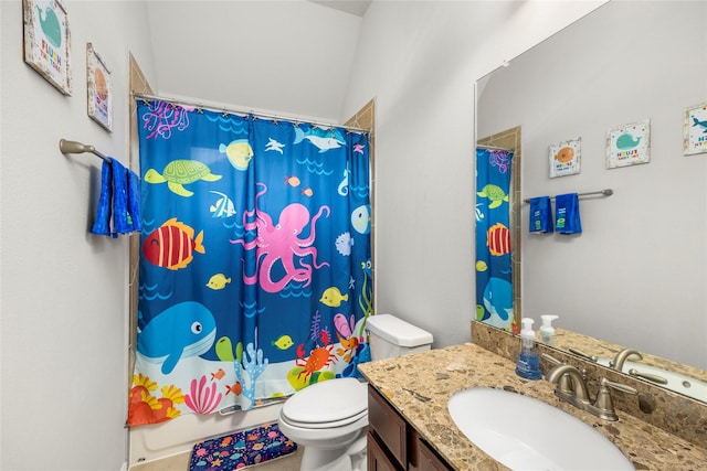 bathroom with toilet, shower / bath combo, and vanity