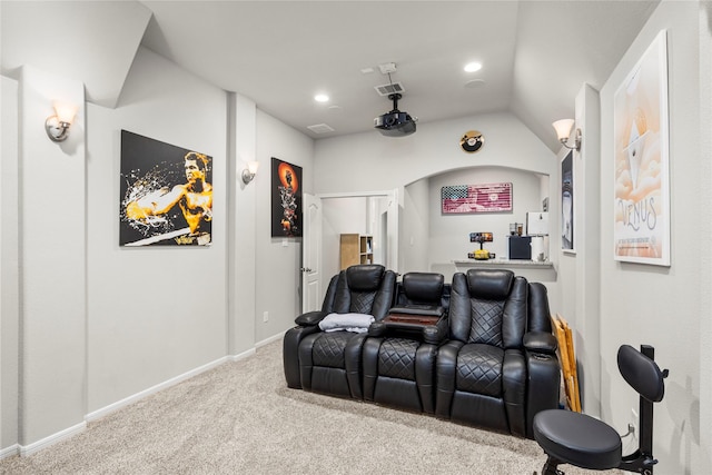 cinema featuring recessed lighting, baseboards, visible vents, and carpet floors