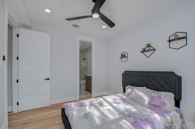 bedroom with visible vents, light wood-style flooring, recessed lighting, connected bathroom, and baseboards