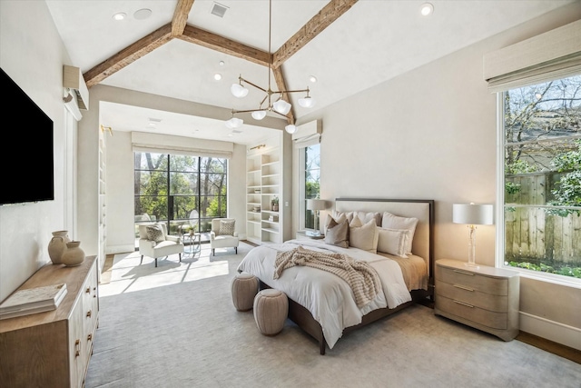 bedroom featuring multiple windows, access to outside, and vaulted ceiling with beams