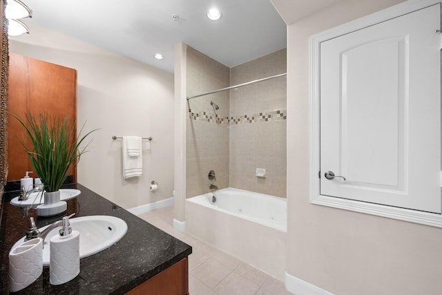 bathroom featuring shower / bath combo, recessed lighting, tile patterned flooring, baseboards, and vanity