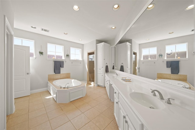 full bath with visible vents, a sink, recessed lighting, tile patterned flooring, and a bath