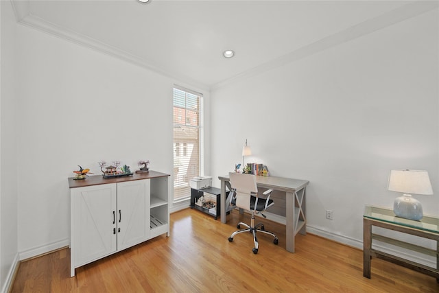 office space with recessed lighting, baseboards, light wood-style flooring, and crown molding