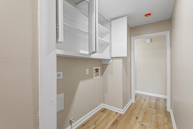 laundry area featuring washer hookup, light wood-style floors, baseboards, hookup for an electric dryer, and laundry area