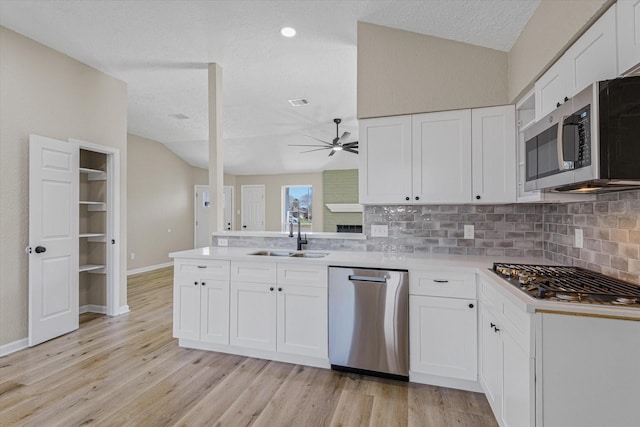 kitchen with ceiling fan, a sink, vaulted ceiling, light wood-style floors, and appliances with stainless steel finishes