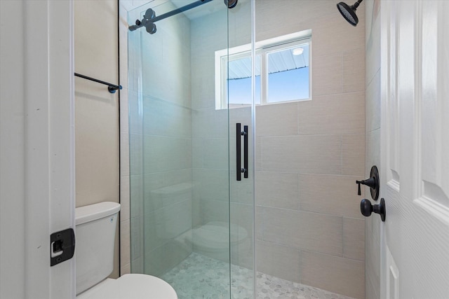 bathroom featuring a stall shower and toilet