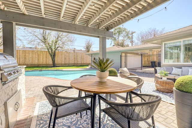 view of patio featuring an outdoor living space, a fenced in pool, outdoor dining area, a fenced backyard, and an outbuilding