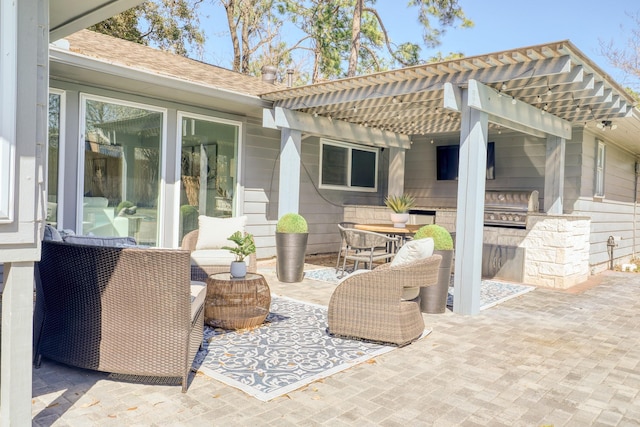 view of patio / terrace with area for grilling, outdoor dining area, a pergola, and grilling area