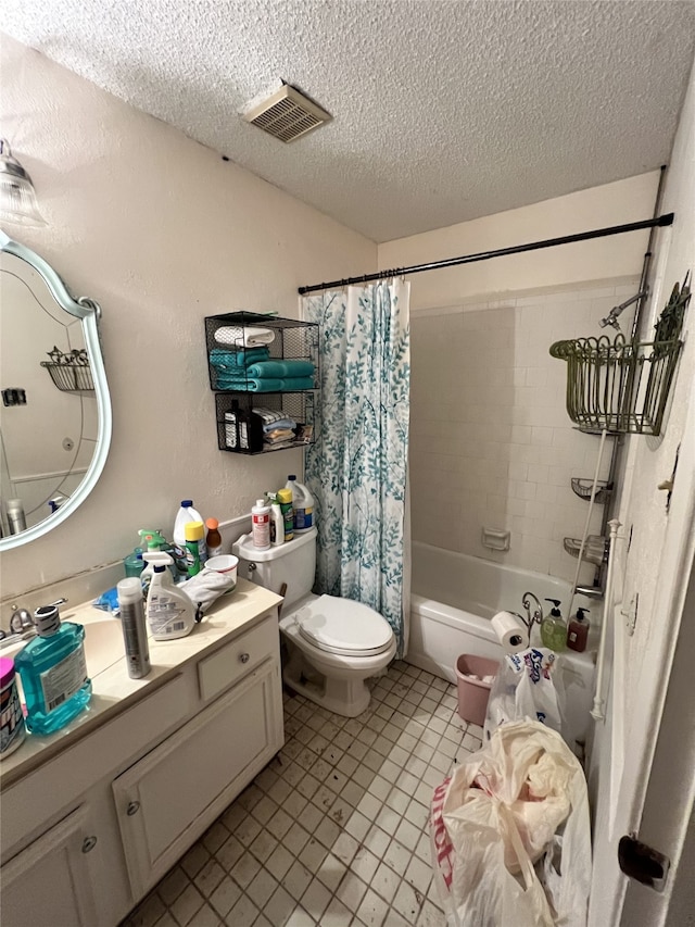 bathroom with vanity, visible vents, shower / bath combo, a textured ceiling, and toilet