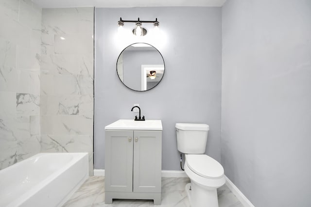 full bathroom with vanity, toilet, baseboards, and marble finish floor