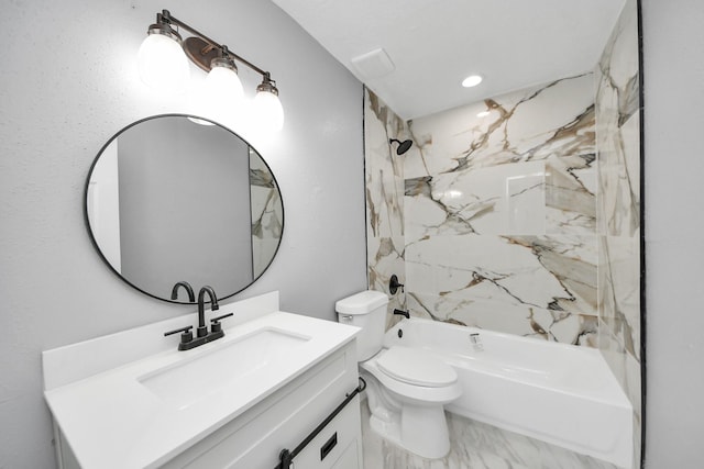 full bathroom featuring marble finish floor, vanity, shower / tub combination, and toilet