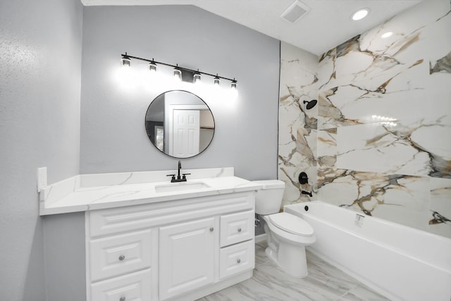 full bath with visible vents, shower / washtub combination, toilet, marble finish floor, and vanity