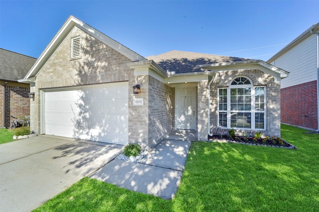 single story home featuring a garage, brick siding, a front yard, and a shingled roof