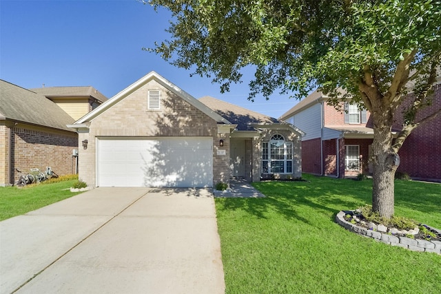 view of front facade featuring brick siding, concrete driveway, a front yard, and a garage