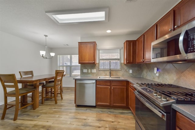 kitchen featuring light wood-type flooring, a sink, decorative light fixtures, tasteful backsplash, and stainless steel appliances