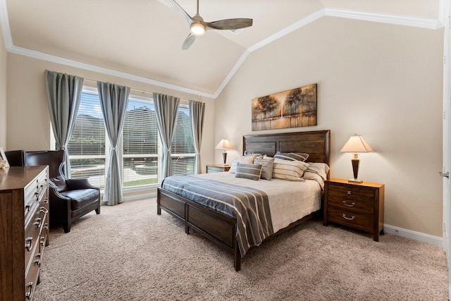 bedroom featuring light carpet, lofted ceiling, and ornamental molding