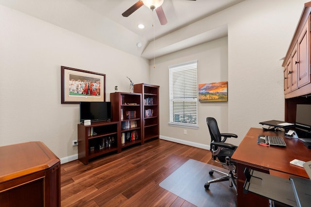 home office featuring baseboards, vaulted ceiling, recessed lighting, wood finished floors, and a ceiling fan