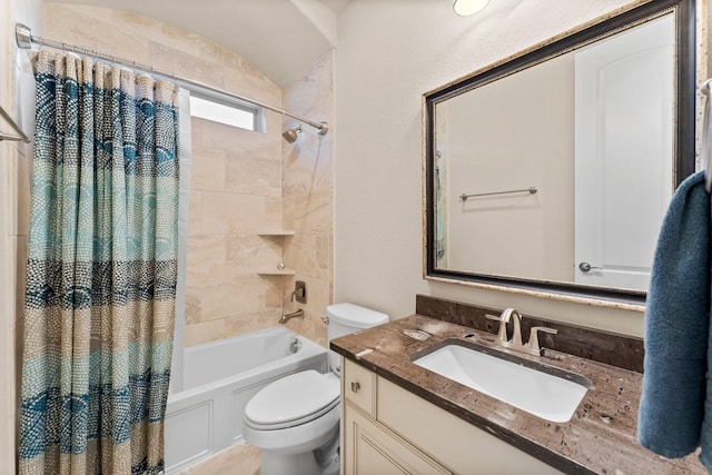 full bath featuring vanity, toilet, and shower / bathtub combination with curtain