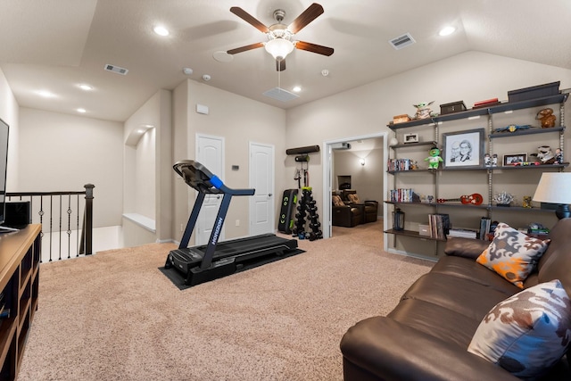 workout area with recessed lighting, visible vents, lofted ceiling, and carpet flooring