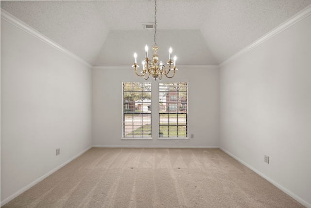 unfurnished room featuring visible vents, light carpet, a textured ceiling, and lofted ceiling