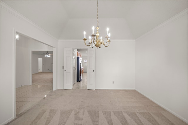 unfurnished room with vaulted ceiling, ornamental molding, light tile patterned floors, and light carpet