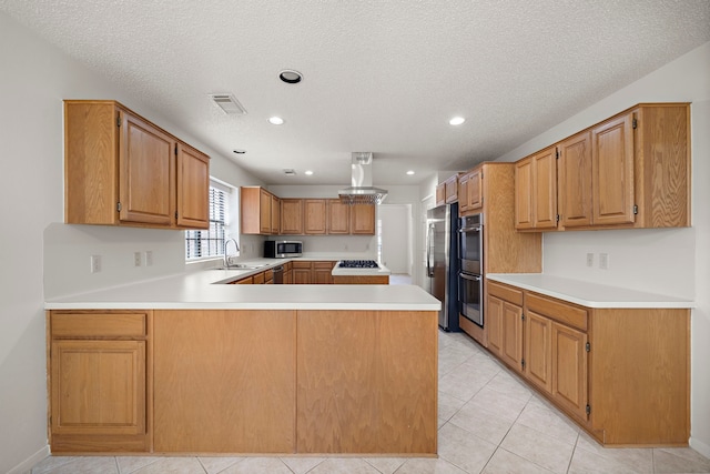 kitchen with visible vents, a peninsula, exhaust hood, stainless steel appliances, and a sink