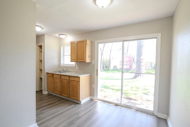 kitchen featuring baseboards, a sink, light countertops, a textured wall, and light wood-type flooring