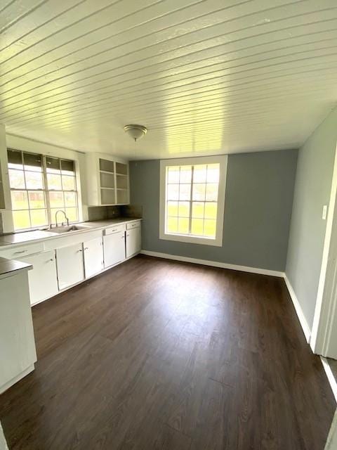 interior space with a wealth of natural light, dark wood finished floors, white cabinetry, and a sink