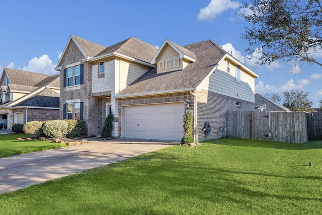 traditional home featuring fence, driveway, a front lawn, a garage, and brick siding