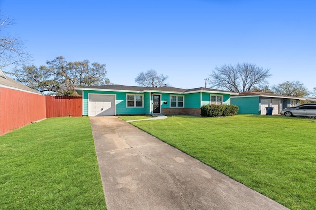 single story home featuring a garage, a front yard, driveway, and fence