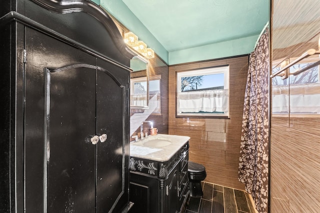 bathroom with vanity, tile walls, toilet, and wood tiled floor