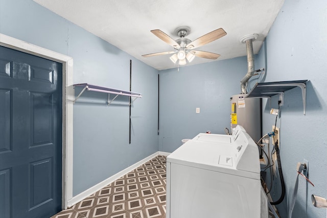 laundry area with ceiling fan, water heater, laundry area, tile patterned floors, and separate washer and dryer