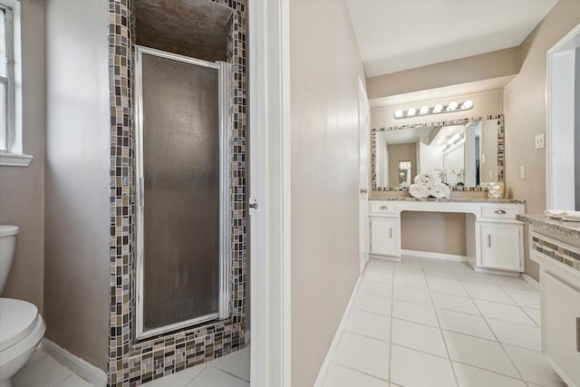 bathroom featuring vanity, toilet, a stall shower, and tile patterned flooring