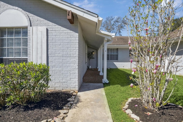 view of exterior entry featuring a yard and brick siding