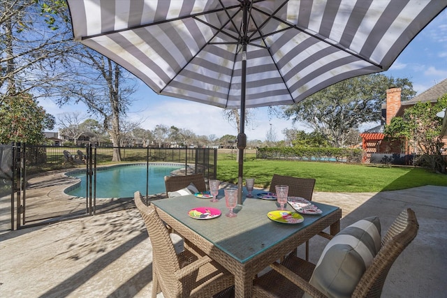 view of patio / terrace with outdoor dining space, a fenced backyard, and a fenced in pool