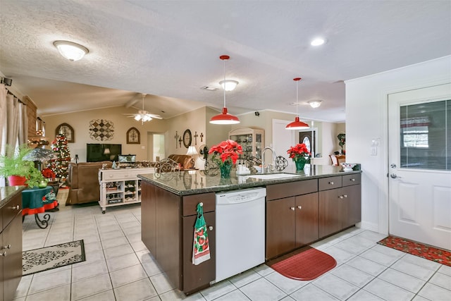 kitchen featuring open floor plan, lofted ceiling, a peninsula, white dishwasher, and a sink