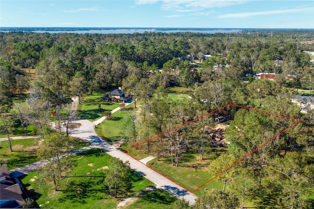 birds eye view of property with a view of trees