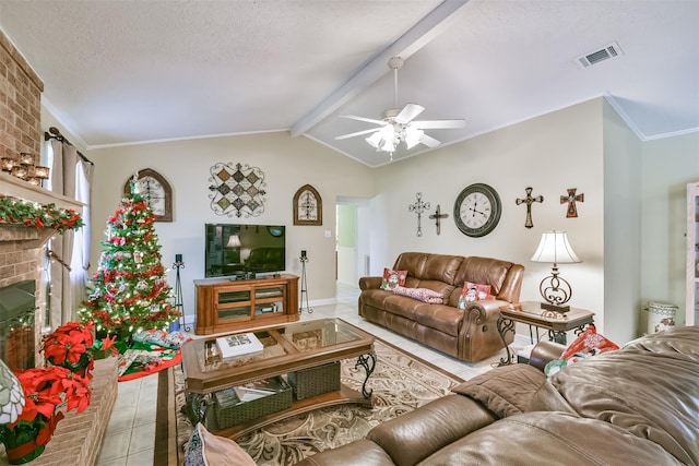 living area with visible vents, a brick fireplace, crown molding, lofted ceiling with beams, and a textured ceiling