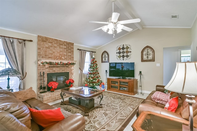 tiled living area with visible vents, ornamental molding, lofted ceiling with beams, baseboards, and a brick fireplace