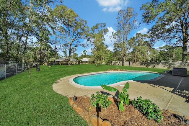 view of pool with a lawn, a patio, a fenced backyard, and a fenced in pool