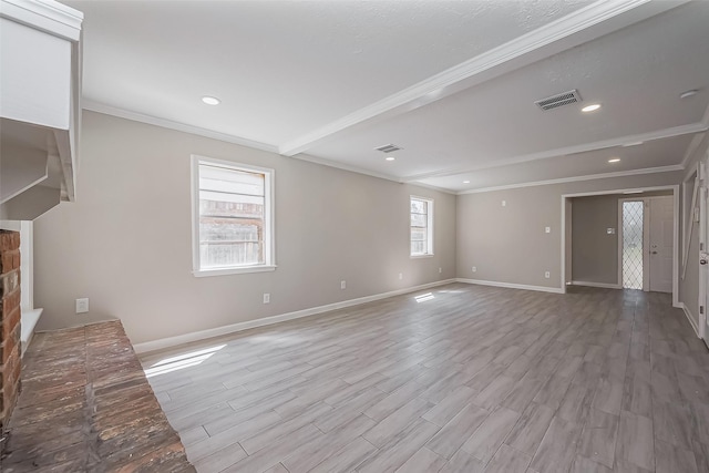 unfurnished living room featuring visible vents, crown molding, baseboards, beam ceiling, and wood finished floors