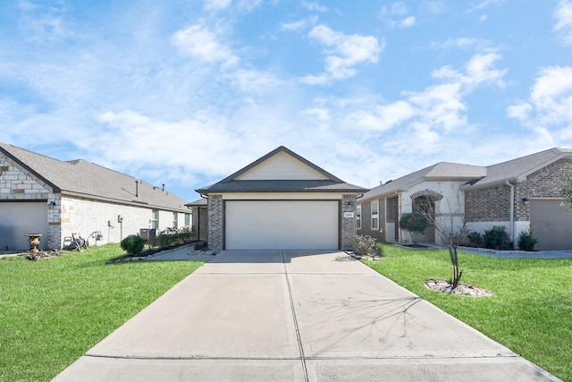 ranch-style home with a garage, brick siding, concrete driveway, and a front yard