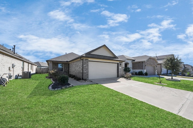 ranch-style home with a front yard, brick siding, concrete driveway, a garage, and a residential view