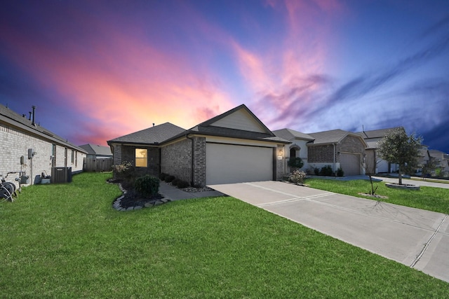 single story home with brick siding, a front lawn, concrete driveway, cooling unit, and an attached garage