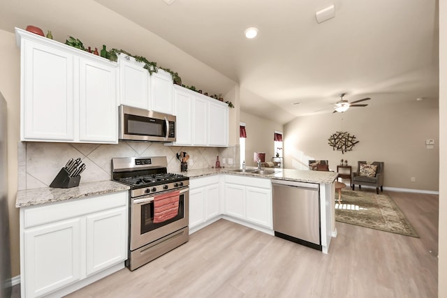 kitchen featuring tasteful backsplash, open floor plan, light wood-type flooring, stainless steel appliances, and a sink