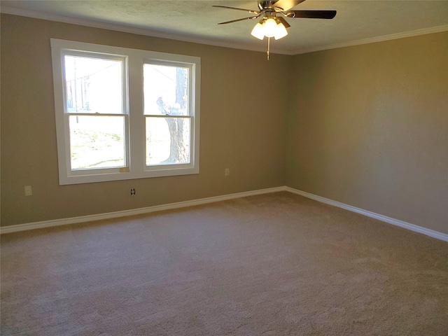 empty room featuring ceiling fan, carpet flooring, baseboards, and ornamental molding