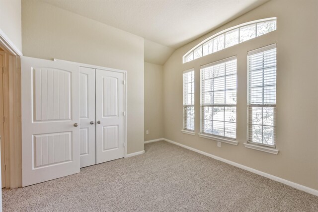 unfurnished bedroom featuring vaulted ceiling, carpet, baseboards, and a closet