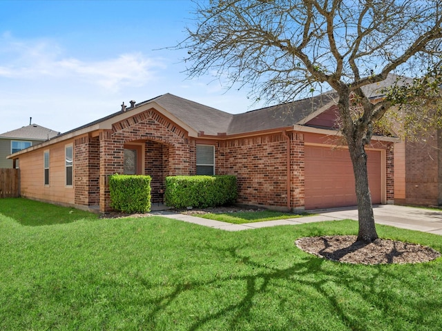 ranch-style house with a front lawn, brick siding, concrete driveway, and an attached garage