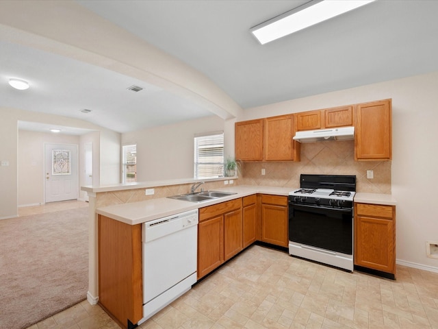 kitchen featuring a sink, under cabinet range hood, dishwasher, gas range, and tasteful backsplash